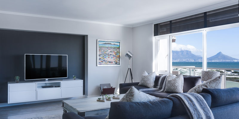 modern, clean, blue living room