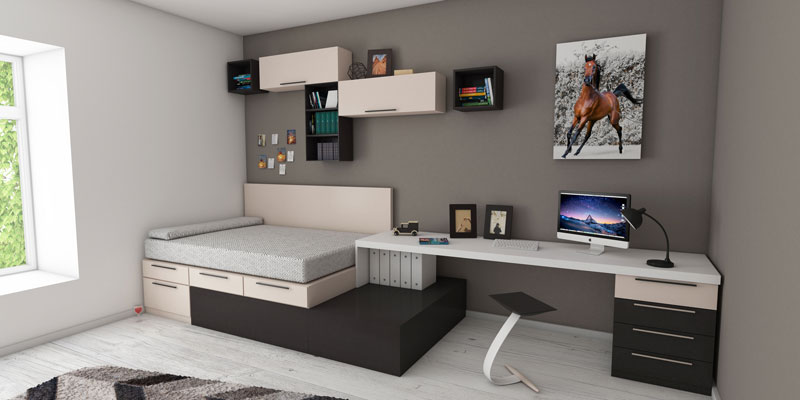 modern bedroom with computer desk and wall decor