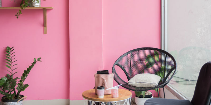 indoor lounge chair with coffee table and plants against pink-painted wall