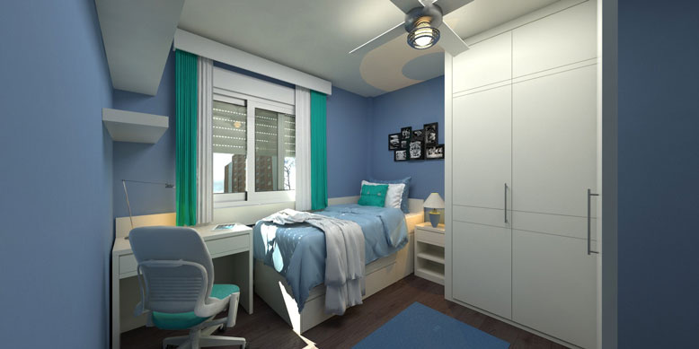 small apartment bedroom with desk, bed, and closet