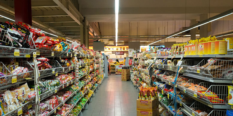 grocery store aisle of snack foods