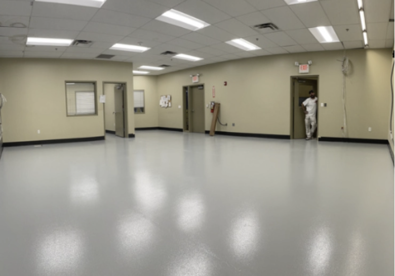 new epoxy floor in an industrial building's breakroom